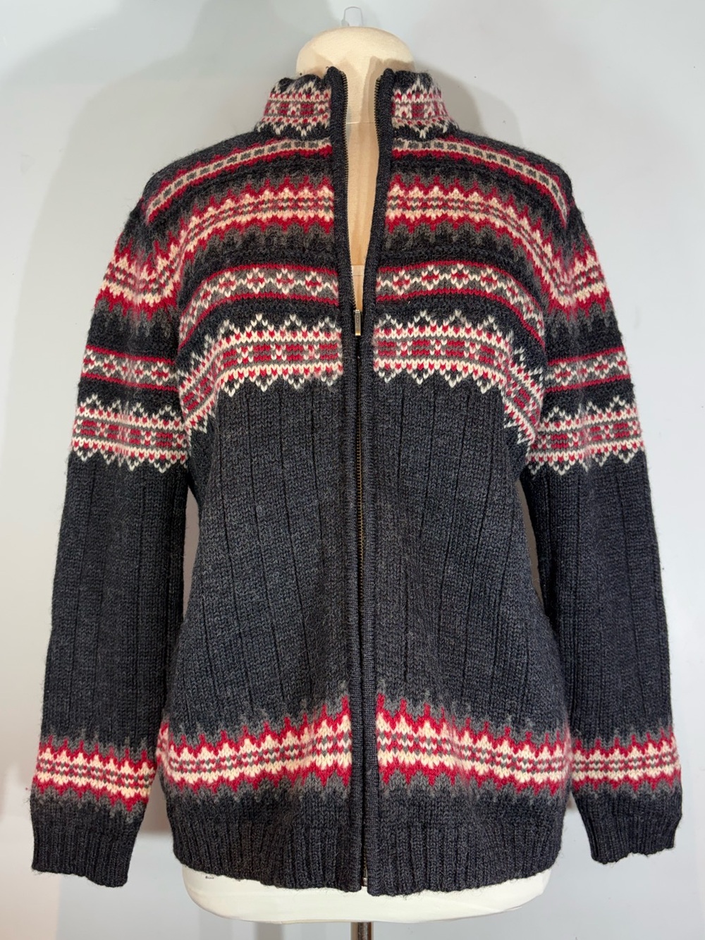 Lands’ End 100% Wool Fair Isle Full Zip Sweater Women’s Medium 10–12